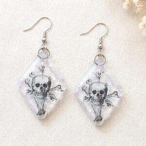 Handmade Skull Crossbones Earrings Clear Resin Glitter Goth Diamond Halloween
